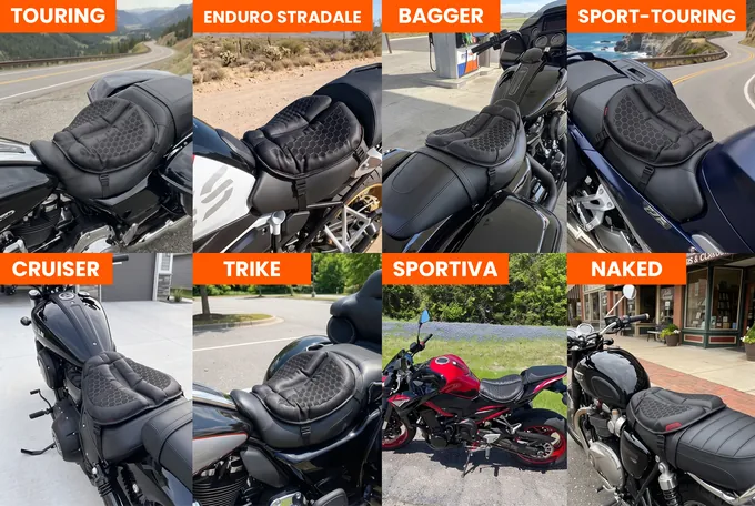 SelleZen montata su otto tipi di moto: touring, enduro stradale, bagger, sport-touring, cruiser, trike, sportiva, naked